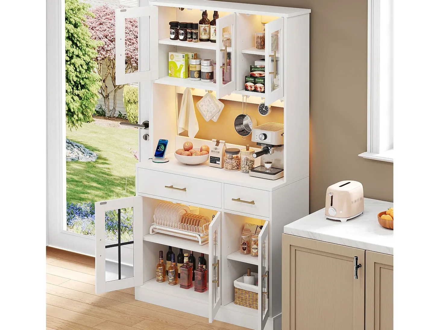 Buffet de cozinha moderno 100x40x180cm - con tomada e LED - com 2 gavetas e 6 portas - Branco