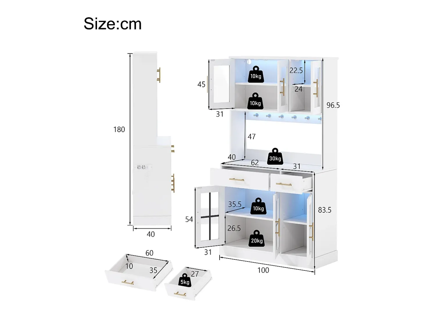 Buffet de cozinha moderno 100x40x180cm - con tomada e LED - com 2 gavetas e 6 portas - Branco