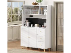 Buffet de cozinha moderno 120x40x184cm - con tomada e porta-copos de vinho - con 3 gavetas e 5 portas - Branco
