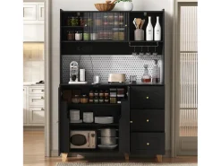 Buffet de cozinha moderno 120x40x184cm - con tomada e porta-copos de vinho - com 3 gavetas e 5 portas - Preto