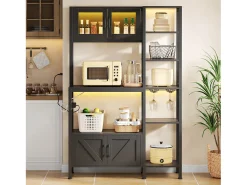 Buffet de cozinha moderno 115x40x180cm - con tomada e LED - con 2 gavetas e um suporte para copos de vinho - Preto