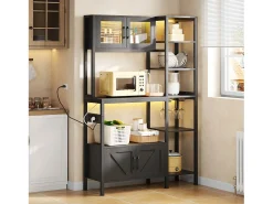 Buffet de cozinha moderno 115x40x180cm - con tomada e LED - con 2 gavetas e um suporte para copos de vinho - Preto