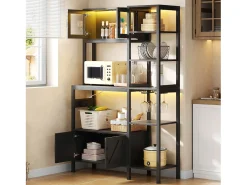 Buffet de cozinha moderno 115x40x180cm - con tomada e LED - con 2 gavetas e um suporte para copos de vinho - Preto