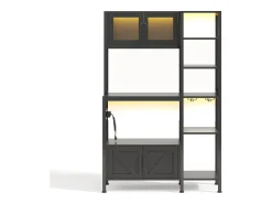 Buffet de cozinha moderno 115x40x180cm - con tomada e LED - con 2 gavetas e um suporte para copos de vinho - Preto