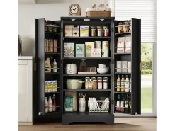 Buffet de cozinha moderno 60,5x40x120cm - con luz de sensor LED - con 2 portas e um suporte para especiarias - Preto
