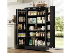 Buffet de cozinha moderno 60,5x40x120cm - con luz de sensor LED - con 2 portas e um suporte para especiarias - Preto