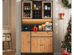 Buffet de cozinha moderno 100x40x180cm - con tomada e LED - con 1 gaveta e 5 portas - con prateleira para especiarias - Natural