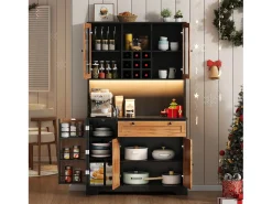 Buffet de cozinha moderno 100x40x180cm - con tomada e LED - con 1 gaveta e 5 portas - con prateleira para especiarias - Natural