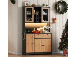 Buffet de cozinha moderno 100x40x180cm - con tomada e LED - con 1 gaveta e 5 portas - con prateleira para especiarias - Natural