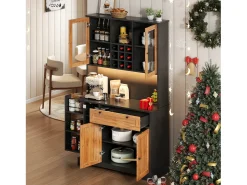 Buffet de cozinha moderno 100x40x180cm - con tomada e LED - con 1 gaveta e 5 portas - con prateleira para especiarias - Natural