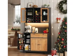 Buffet de cozinha moderno 100x40x180cm - con tomada e LED - con 1 gaveta e 5 portas - con prateleira para especiarias - Natural