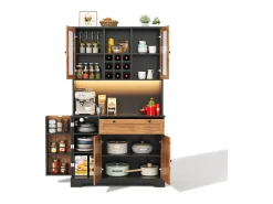 Buffet de cozinha moderno 100x40x180cm - con tomada e LED - con 1 gaveta e 5 portas - con prateleira para especiarias - Natural