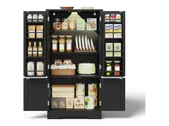 Buffet de cozinha 60x40x120 cm - com sensor de luz LED - com 4 portas - com prateleiras - Preto