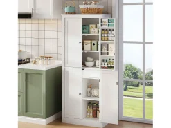 Buffet de cozinha 75x40x180cm - 2 portas de armazenamento con prateleiras - 1 gaveta e compartimento de armazenamento - Branco
