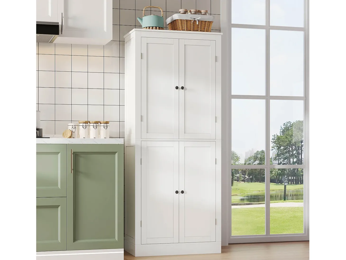 Buffet de cozinha 75x40x180cm - 2 portas de armazenamento con prateleiras - 1 gaveta e compartimento de armazenamento - Branco