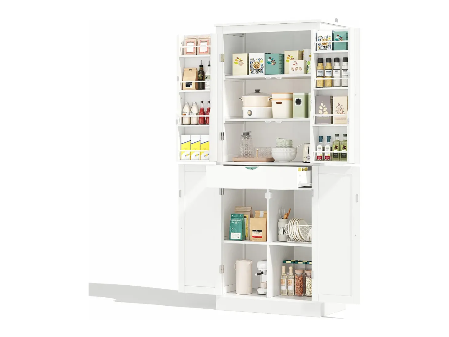 Buffet de cozinha 75x40x180cm - 2 portas de armazenamento con prateleiras - 1 gaveta e compartimento de armazenamento - Branco