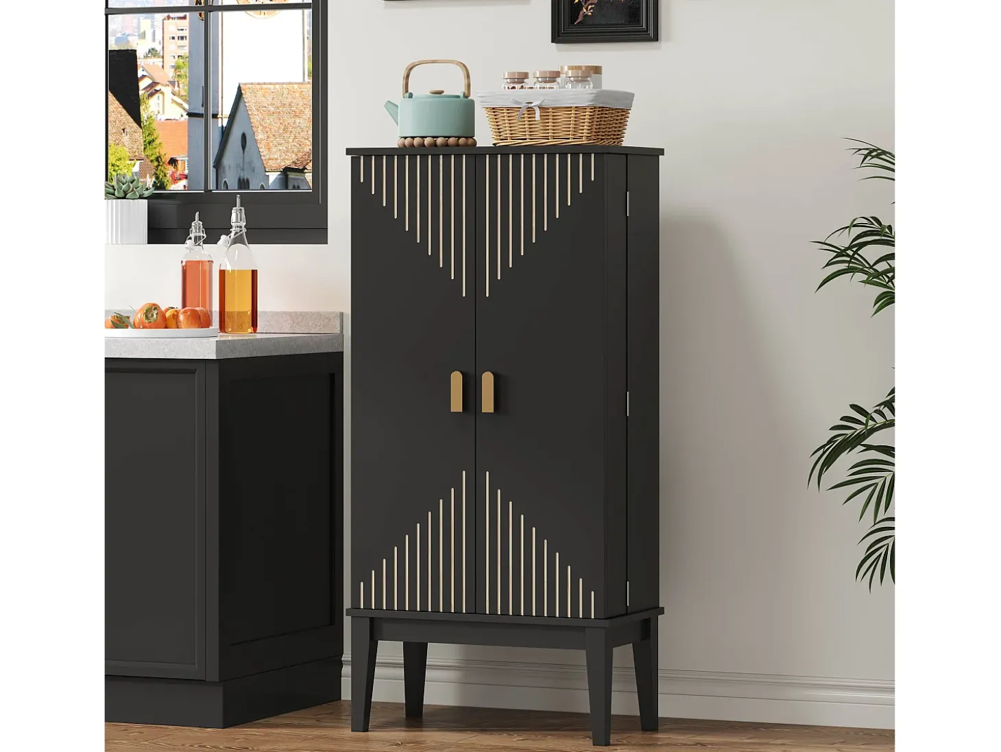 Buffet de cozinha 59x30x120cm - 2 portas de armazenamento con prateleiras - estilo retrô - Preto