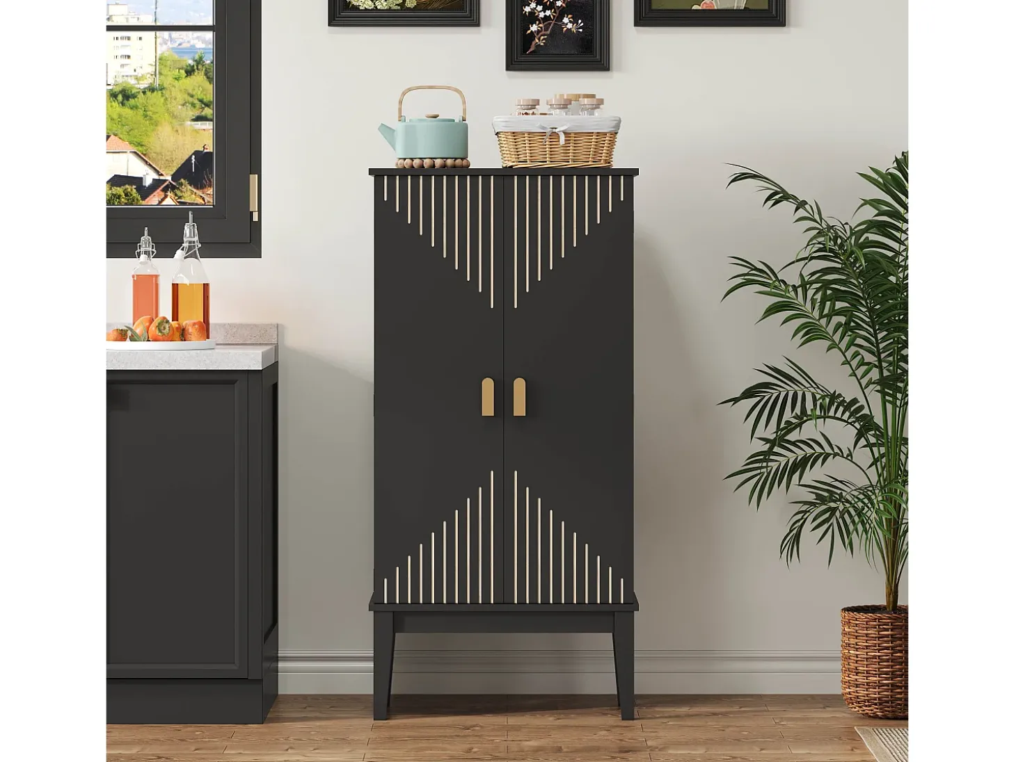 Buffet de cozinha 59x30x120cm - 2 portas de armazenamento con prateleiras - estilo retrô - Preto