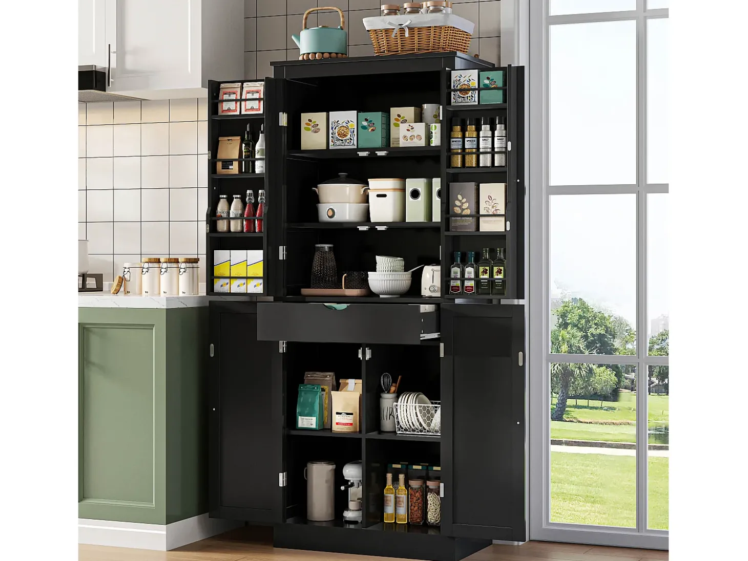 Buffet de cozinha 75x40x180cm - 2 portas de armazenamento con prateleiras - 1 gaveta e compartimento de armazenamento - Preto