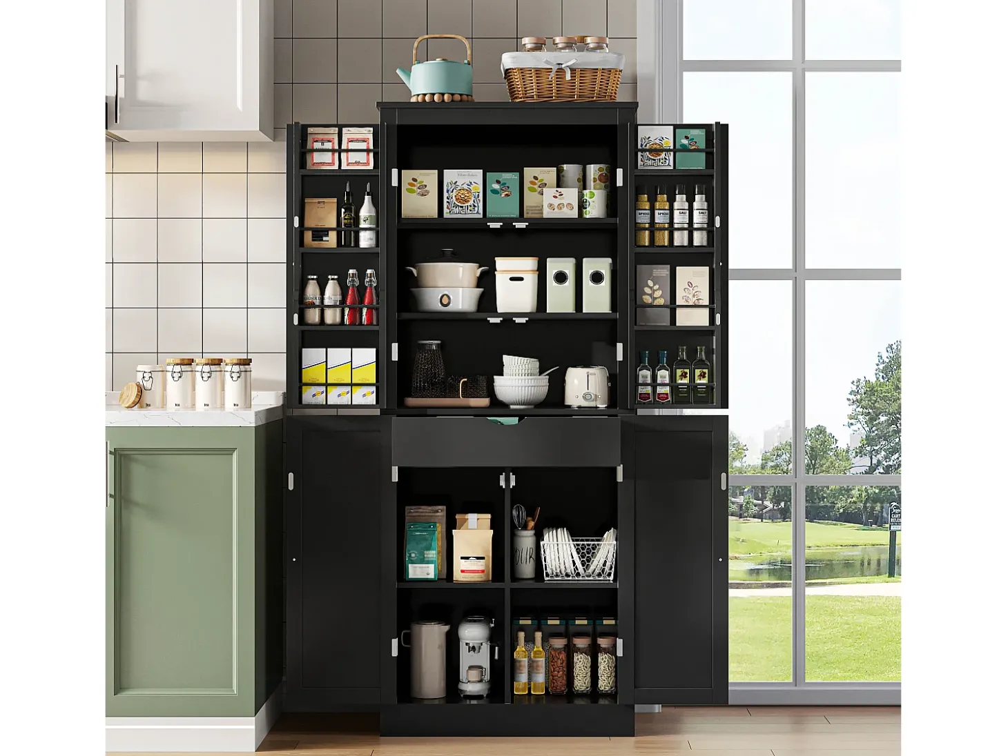 Buffet de cozinha 75x40x180cm - 2 portas de armazenamento con prateleiras - 1 gaveta e compartimento de armazenamento - Preto