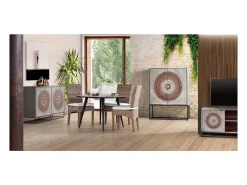Buffet em metal cinza e marrom.