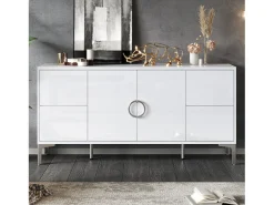 Buffet envernizado brilhante 150x38x59,5 cm - con 4 gavetas e 2 portas - Pés de metal - MDF - Branco