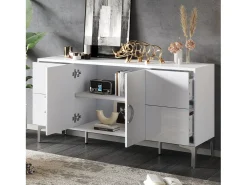 Buffet envernizado brilhante 150x38x59,5 cm - con 4 gavetas e 2 portas - Pés de metal - MDF - Branco