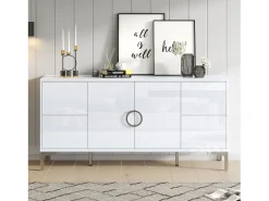 Buffet envernizado brilhante 150x38x59,5 cm - con 4 gavetas e 2 portas - Pés de metal - MDF - Branco