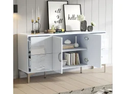 Buffet envernizado brilhante 150x38x59,5 cm - con 4 gavetas e 2 portas - Pés de metal - MDF - Branco