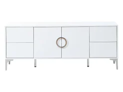 Buffet envernizado brilhante 150x38x59,5 cm - con 4 gavetas e 2 portas - Pés de metal - MDF - Branco