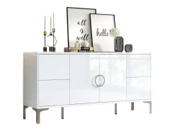 Buffet envernizado brilhante 150x38x59,5 cm - con 4 gavetas e 2 portas - Pés de metal - MDF - Branco