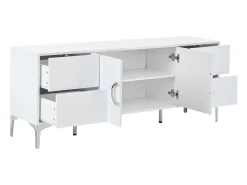 Buffet envernizado brilhante 150x38x59,5 cm - con 4 gavetas e 2 portas - Pés de metal - MDF - Branco