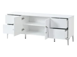 Buffet envernizado brilhante 150x38x59,5 cm - con 4 gavetas e 2 portas - Pés de metal - MDF - Branco