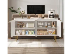 Buffet moderno 140x38x75 cm - 4 portas - Pés de metal - MDF - Branco