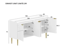 Buffet moderno 140x38x75 cm - 4 portas - Pés de metal - MDF - Branco