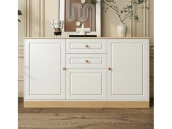 Buffet moderno 135,5x39x76 cm - 3 portas e 2 gavetas - Amplo tampo - Prateleiras ajustáveis - Painéis de partículas - Branco+natural