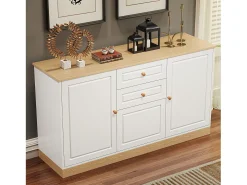 Buffet moderno 135,5x39x76 cm - 3 portas e 2 gavetas - Amplo tampo - Prateleiras ajustáveis - Painéis de partículas - Branco+natural