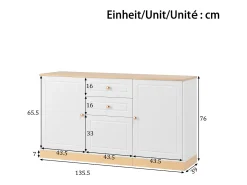 Buffet moderno 135,5x39x76 cm - 3 portas e 2 gavetas - Amplo tampo - Prateleiras ajustáveis - Painéis de partículas - Branco+natural