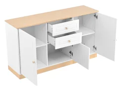 Buffet moderno 135,5x39x76 cm - 3 portas e 2 gavetas - Amplo tampo - Prateleiras ajustáveis - Painéis de partículas - Branco+natural