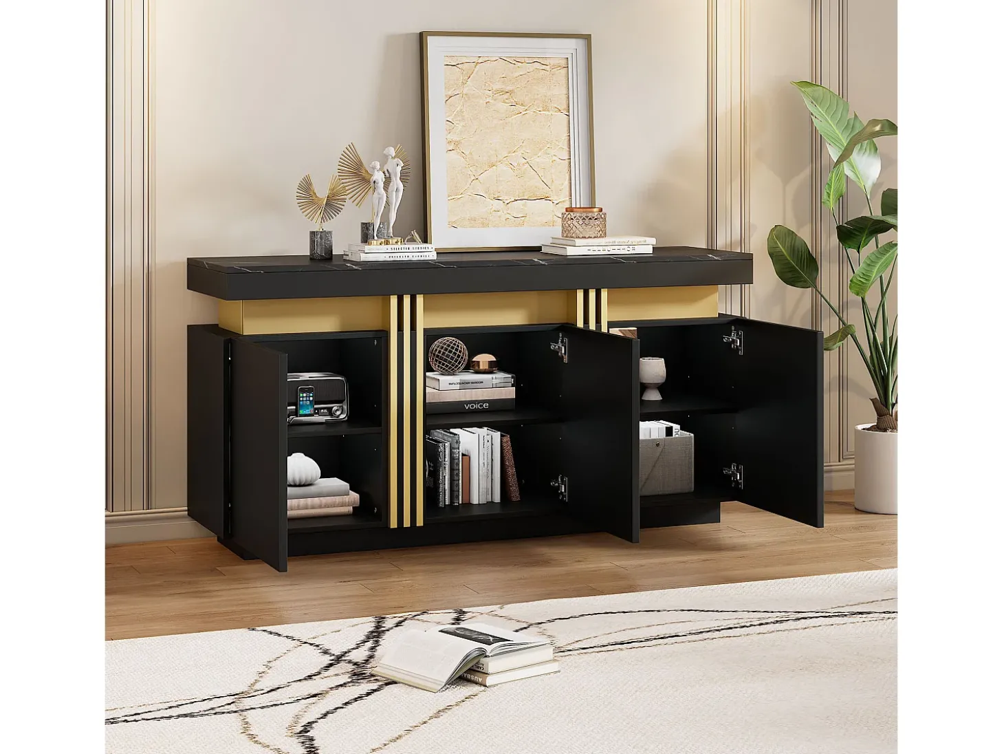 Buffet moderno 140x38x70 cm - 3 portas - Prateleiras ajustáveis - preto