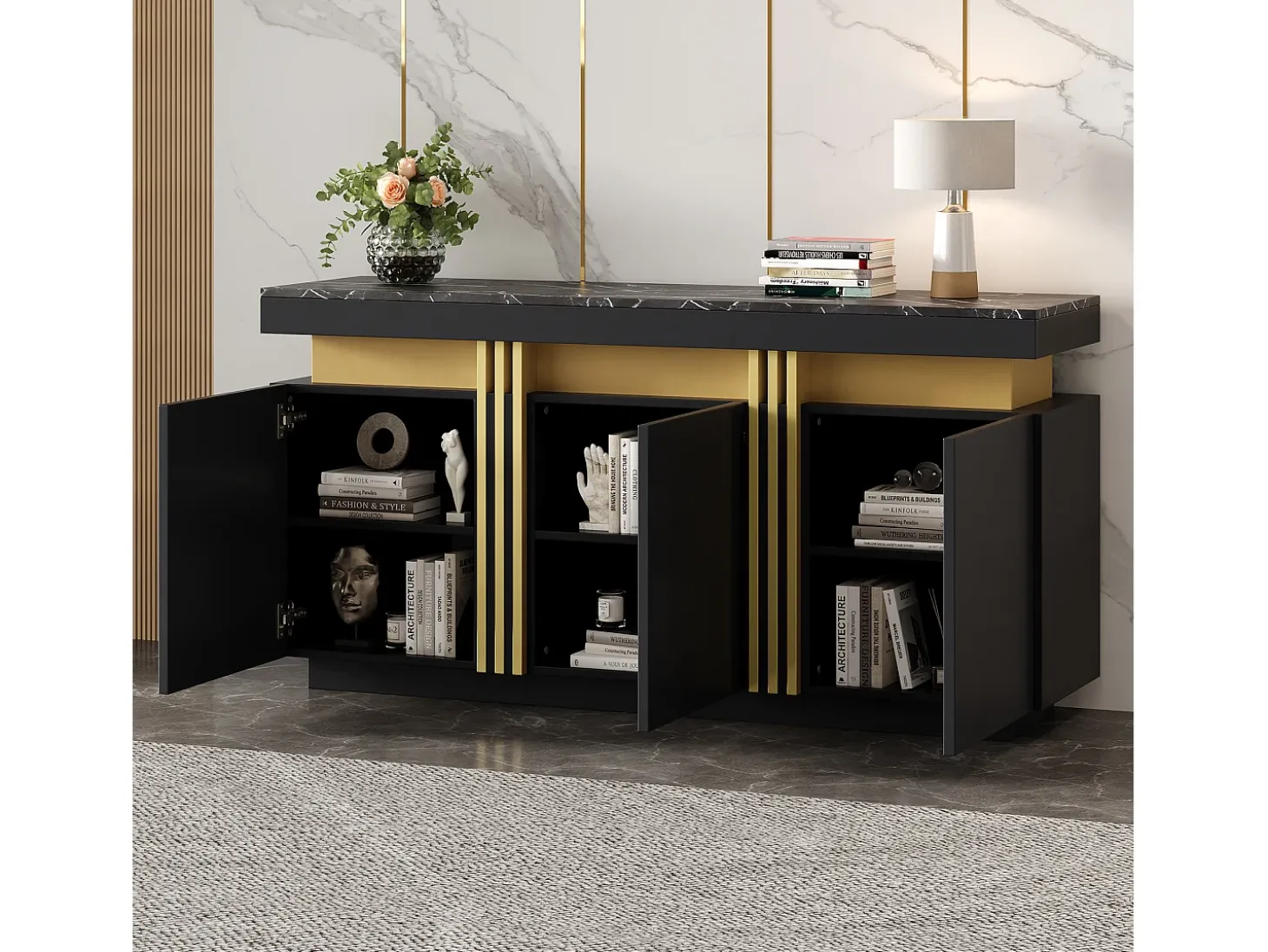 Buffet moderno 140x38x70 cm - 3 portas - Prateleiras ajustáveis - preto