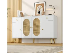 Buffet moderno 140x30x82cm - con 2 gavetas e 4 portas - efeito rattan - con prateleiras ajustáveis - branco + natural