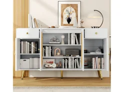 Buffet moderno 140x30x82cm - con 2 gavetas e 4 portas - efeito rattan - con prateleiras ajustáveis - branco + natural