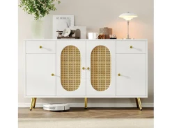 Buffet moderno 140x30x82cm - con 2 gavetas e 4 portas - efeito rattan - con prateleiras ajustáveis - branco + natural