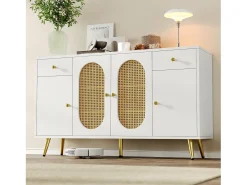 Buffet moderno 140x30x82cm - con 2 gavetas e 4 portas - efeito rattan - con prateleiras ajustáveis - branco + natural