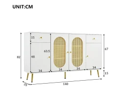 Buffet moderno 140x30x82cm - con 2 gavetas e 4 portas - efeito rattan - con prateleiras ajustáveis - branco + natural