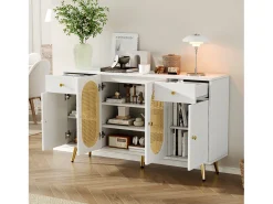 Buffet moderno 140x30x82cm - con 2 gavetas e 4 portas - efeito rattan - con prateleiras ajustáveis - branco + natural