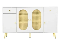 Buffet moderno 140x30x82cm - con 2 gavetas e 4 portas - efeito rattan - con prateleiras ajustáveis - branco + natural
