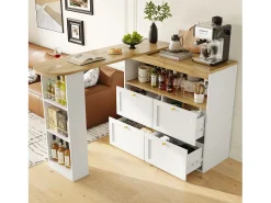 Buffet, Móvel de bar giratório e retrátil - 4 gavetas e 4 compartimentos - Branco
