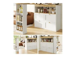 Buffet, Móvel de bar giratório e retrátil - 4 gavetas e 4 compartimentos - Branco
